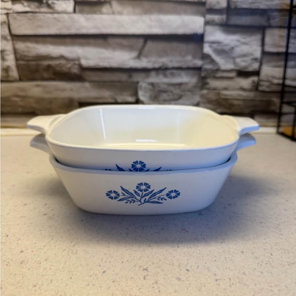 Corningware White Baking Dishes with Blue Floral Design